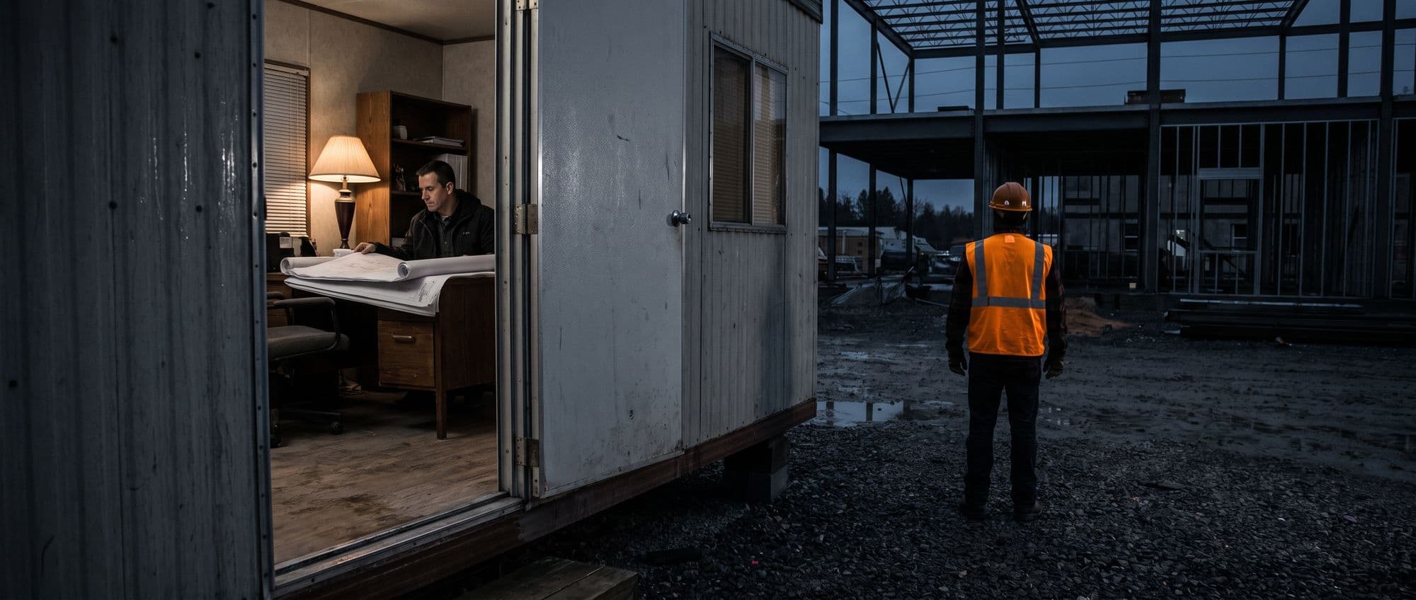 A project manager reading drawings inside a lit site office trailer, while a worker in a high-visibility vest stands outside on the dark site.