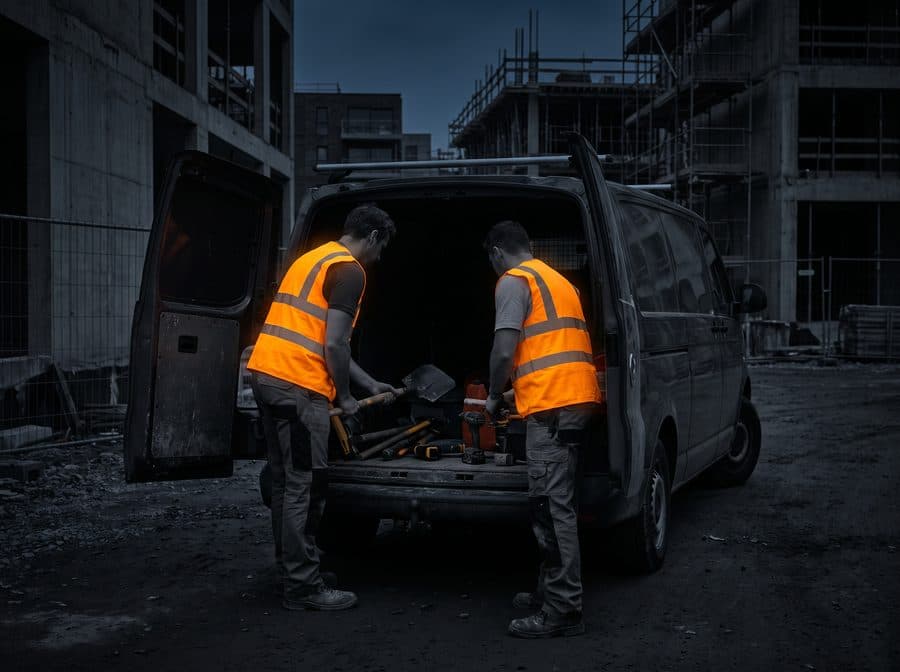 Two workers in high-visibility vests loading tools into a van at a small jobsite at dusk.